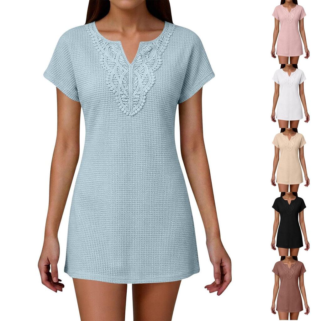 Women's Casual Solid Color Short Sleeve Dress with Embroidered V-Neckline Lightweight Summer Beachwear Tunic Dress