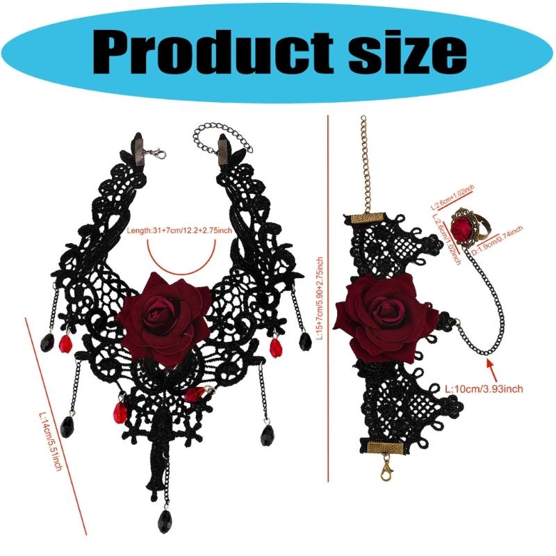 2pcs Gothic Lace Choker Necklace Finger Rings Bracelet Halloween Costume Accessories Jewelry for Women Girls Gift
