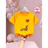 European sizes Girl's T-shirt with "Cartoon Dachshund and Heart Balloon" Print, Short Sleeve, Crew Neck, Cotton.