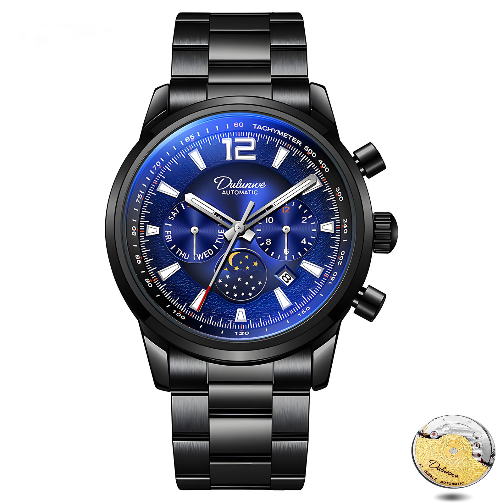 

Полностью автоматические механические часы, водонепроницаемые, светящееся окошко с фазами Луны, еженедельный и ежемесячный календарь, легкие, роскошные, модные механические часы для мужчин чёрный/синий