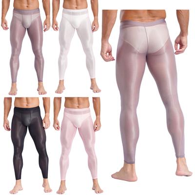 Men’s Gym Yoga Pants Ice Silky Elastic Waistband Ultra Thin Bulge Pouch See Through Stretchy Leggings for Fitness Training