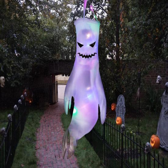 43 Inch Halloween Ghost Windsock Flags with LED Lights Outdoor Hanging Scary Light Up Ghost Wind Socks for Tree Yard Porch Garden Decor