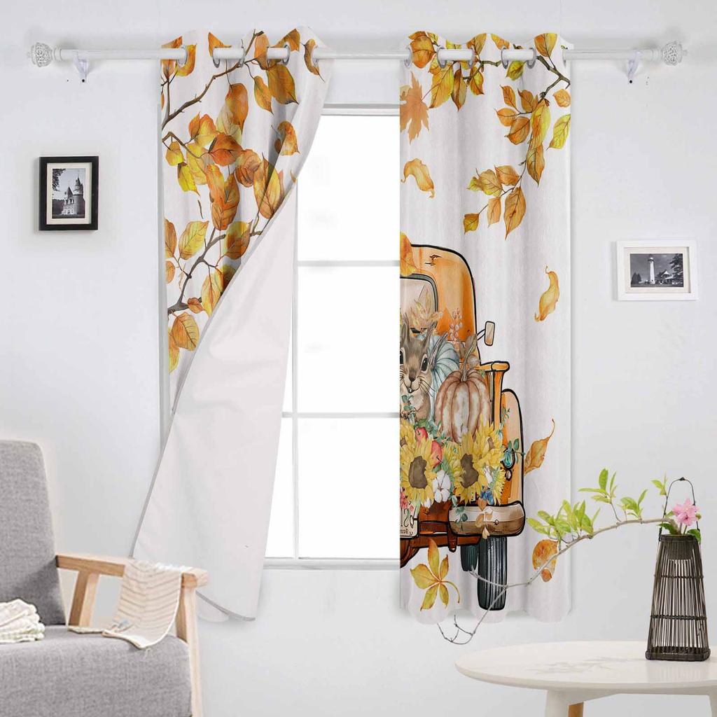 Autumn Pumpkin Truck Squirrel Sunflower Leaves Blackout Curtains For Living Room Bedroom Window Treatment Blinds Drapes
