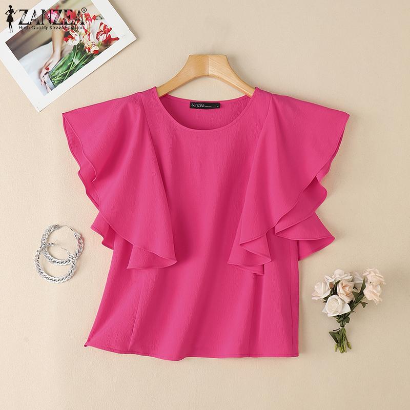 ZANZEA Blouse Décontractée à Col Rond et Manches à Volants Ample pour Femmes