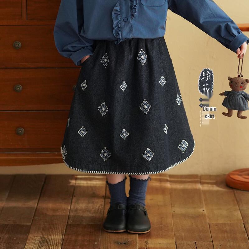 Baby Girl s Embroidered Retro Denim Midi Skirt 80