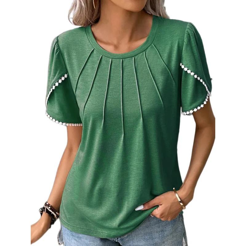 Tops Women Round Neck Pleated Short-sleeved Lace Casual T-shirt Women's Spring Summer Office Commuting Solid Color Versatile Top