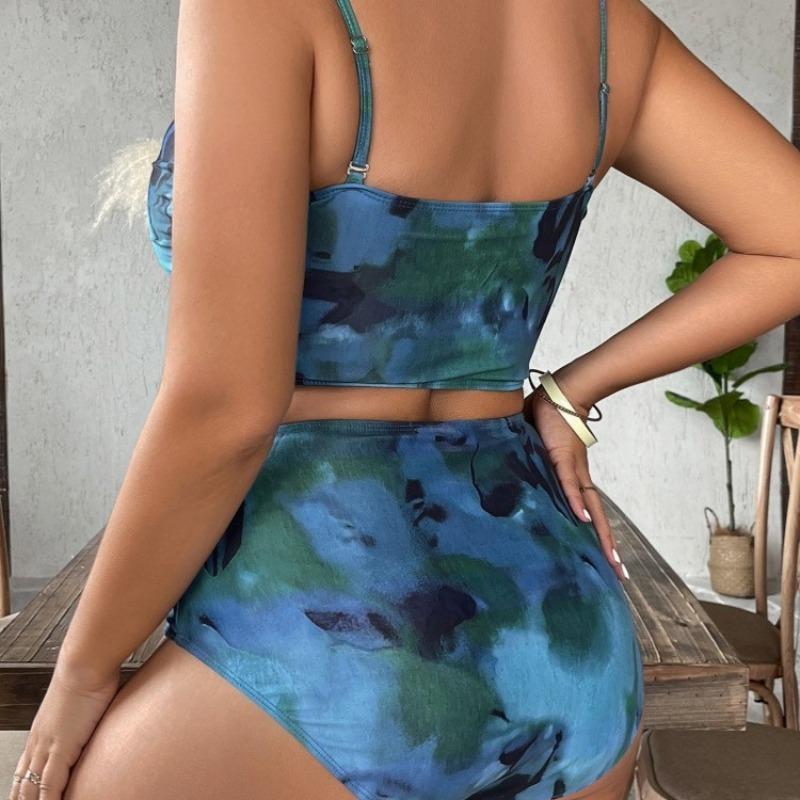 European and American New Large Size Removable Shoulder Strap Blue Ink Painting Tie-dye Bikini Swimsuit Three-piece Set T24066
