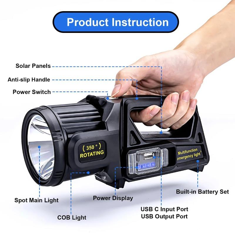 P50 Solar Charging Portable Powerful LED Flashlight Handheld Searchlight USB Rechargeable Spotlight Waterproof Torch Light