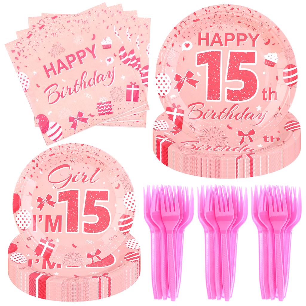 96 Pcs Pink 15Th Birthday Party Plates For Girls 15 Birthday Paper Plates Napkins Disposable Supplies Decorations Tableware Set F