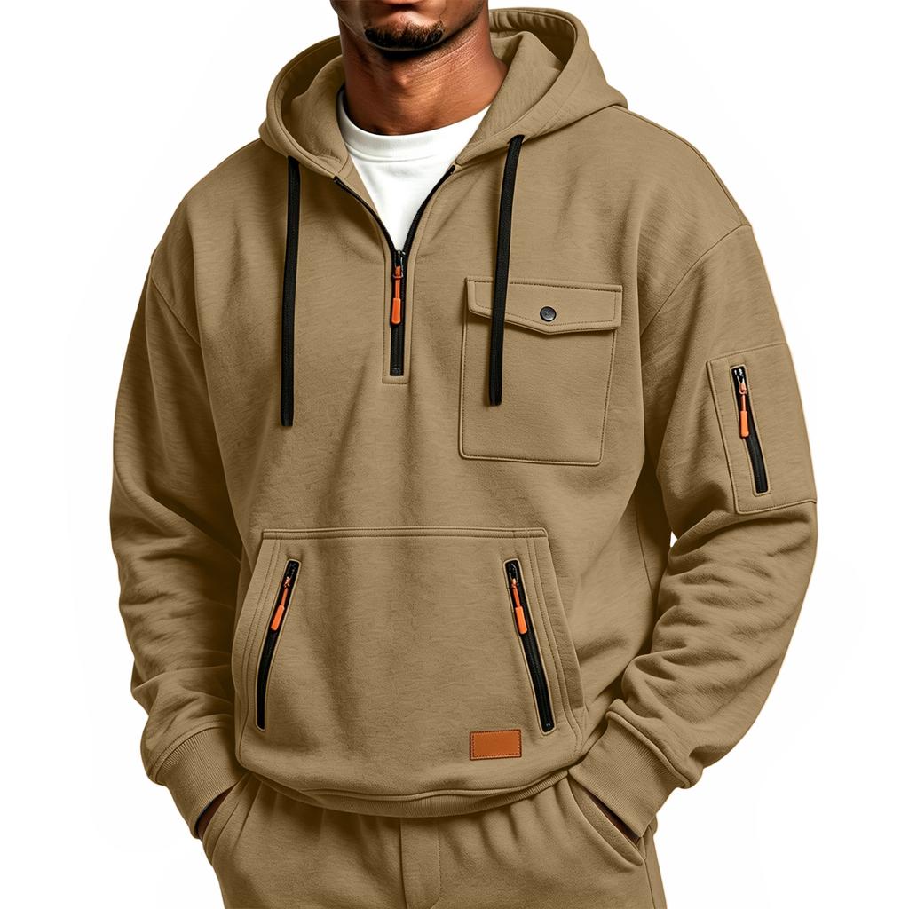 Sudadera con capucha y cremallera de manga larga informal para hombre con múltiples bolsillos