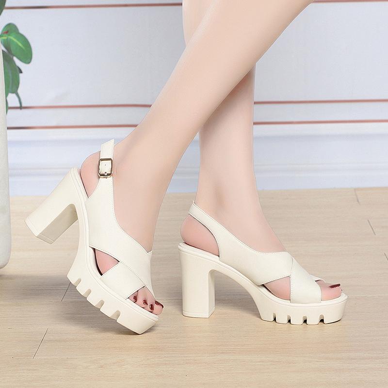 New Roman High Heel Sandals Summer Women Waterproof Platform Thick Heel Sandals Thick Sole Two-Wear Mother's Shoes Comfortable
