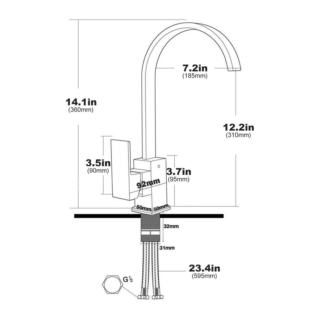 Modern Square Brass Cold & Hot Wster Faucet Swivel Spout Kitchen Sink Taps Basin Sink Mixer Tap 14.1x7.2in