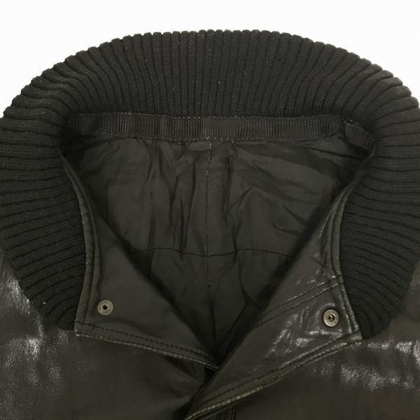 Cow Leather Padded Blouson Border Design Snap Button Hidden Placket Black L(USED)