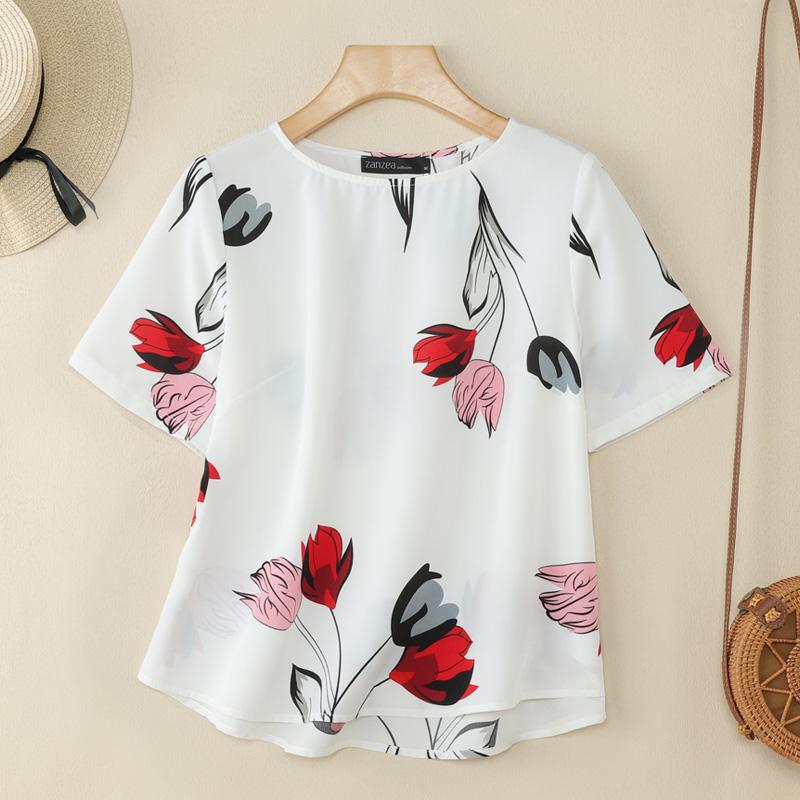 

ZANZEA Женская повседневная блузка с круглым вырезом, цветочным принтом и коротким рукавом 5XL белый