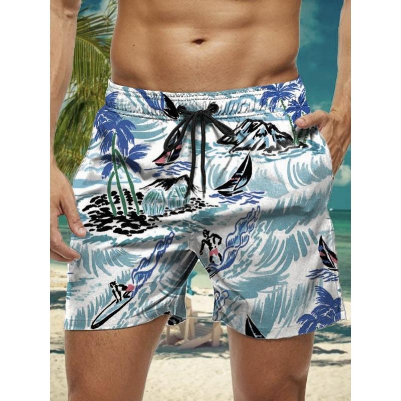 Summer New Hawaiian Plant Print Men's Street Hip Hop Casual Shorts Men's Summer Swim Shorts Drawstring Casual Shorts