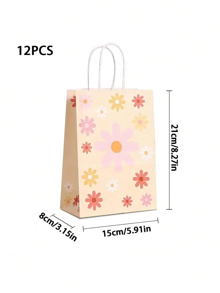 SHEIN 12pcs Sun Flower Theme Gift Bags Kraft Gift Bags Bulk Birthday Bags For Party Goody Gift Bags,Festival Wedding Gift Bag