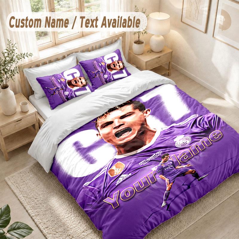 Custom Name Bedding Set 3 PiecesCristiano Ronaldo Print Duvet Cover + 2 Pillowcases Soft Bed Decor
