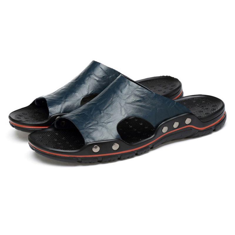 

Men Genuine Leather Slide Sandals Male Holiday Seaside Beach Slides Outdoor Fashion Sandals Youth Boy Student Slippers Size38-48 38 темно-синий