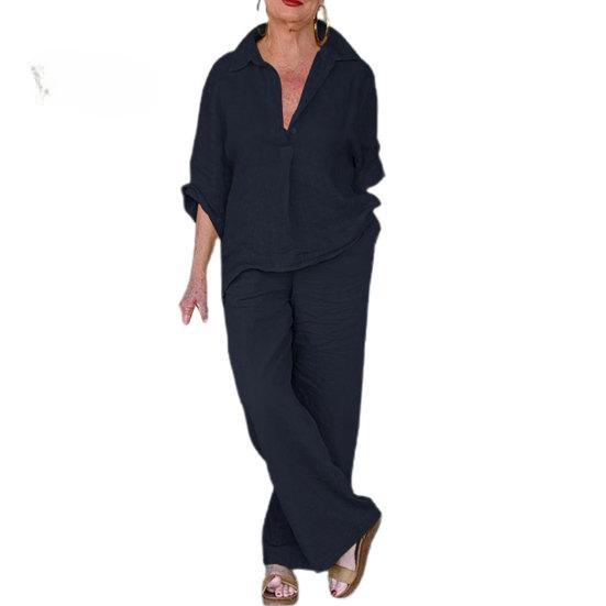 2Pcs/Set Classic 3/4 Sleeve Anti-pilling Casual Outfit Women Shirt Top Loose Long Pants Set Daily Garment