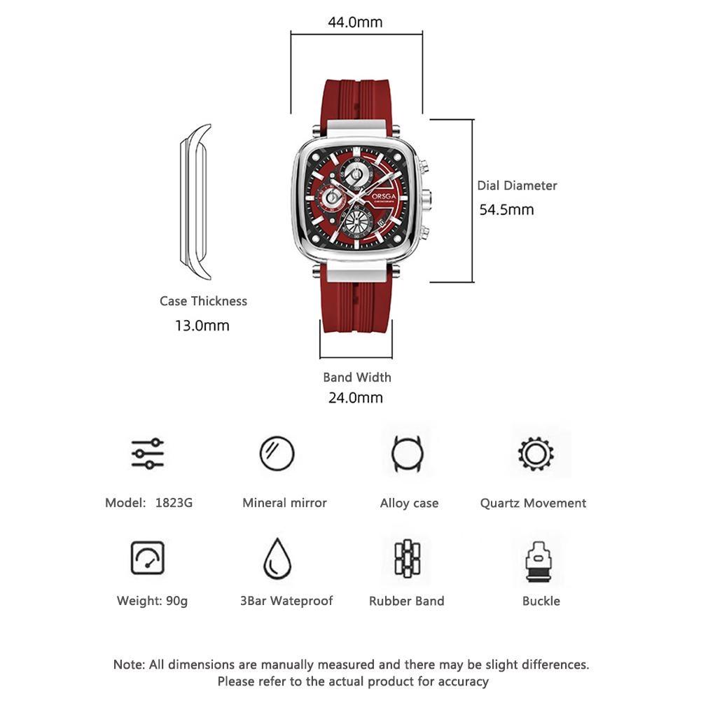 Mens Square Chronograph Watches Waterproof Luminous Quartz Wrist Watch with Silicone Strap