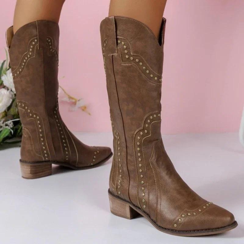 Retro Rivet Mid Calf Cowboy Boots for Women  Autumn  Chunky Heels Western Boots Woman Slip On Pointed Toe Cowgirl Boras