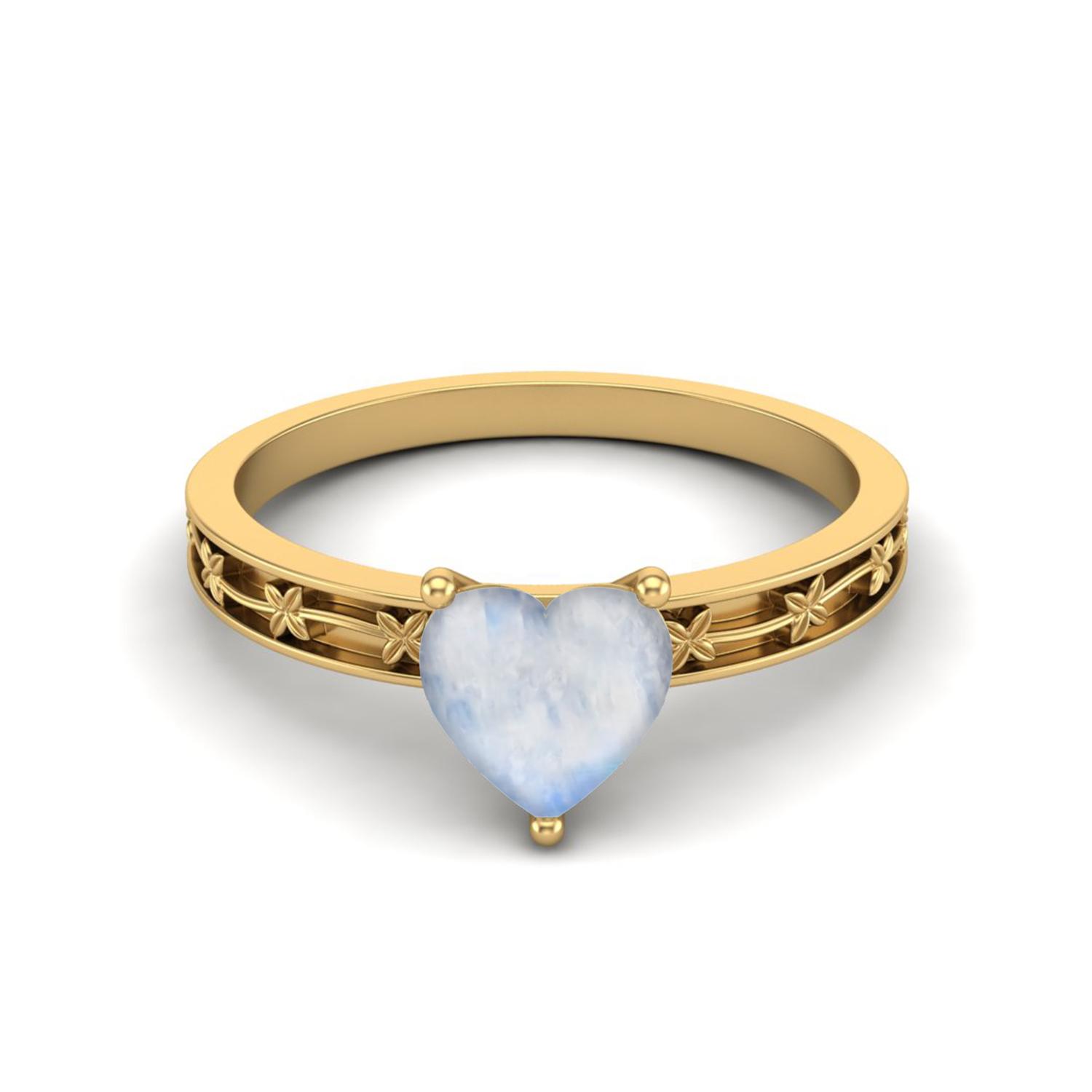 

925 Sterling Silver Gold Vermeil 0.75 Cts Heart Shape Moonstone Solitaire Flower Engraved Shank Wedding Women Ring 11 жёлтый