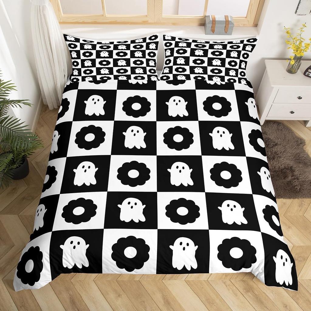 Ghost Duvet Cover Queen King Size Cartoon Cute Ghost Decorative Bedding Set for Kids Girls Teens Happy Halloween 3 Piece Set