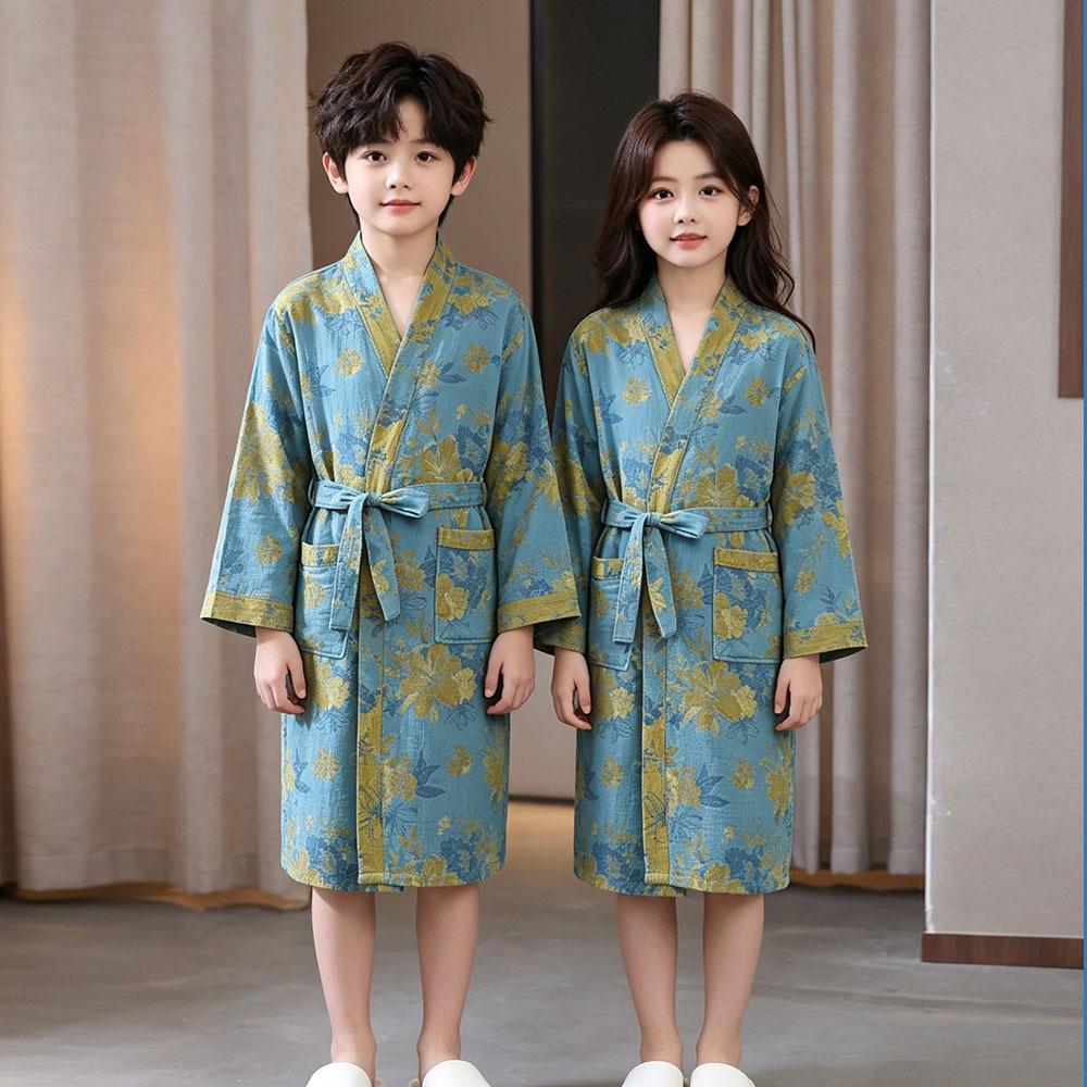 Children's Pure Cotton Double-Layer Gauze Jacquard Kimono Pajamas with Long Sleeves