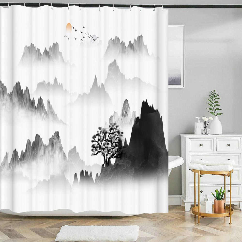 Chinese Ink Painting Landscape Bath Curtain Waterproof Shower Curtains Marble Pattern Bath Screen Printed Curtain For Bathroom
