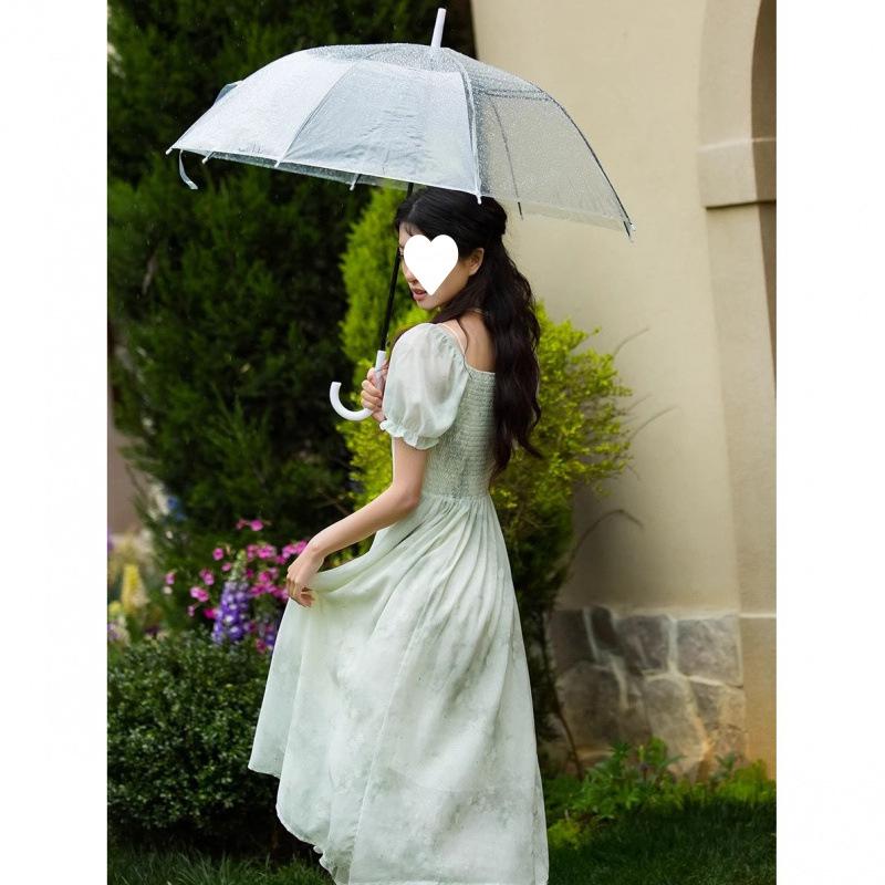 French temperament waist tie-dye lotus leaf edge blue high-end dress women's summer new tulle square collar dress