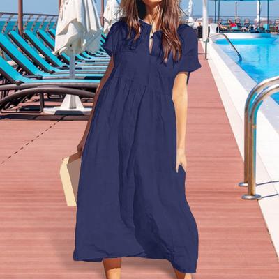 Dames Katoen Linnen Maxi Jurk Casual Korte Mouw V-Hals Zomerjurk Los Strand Geplooide Lange Jurk voor Zomervakantie