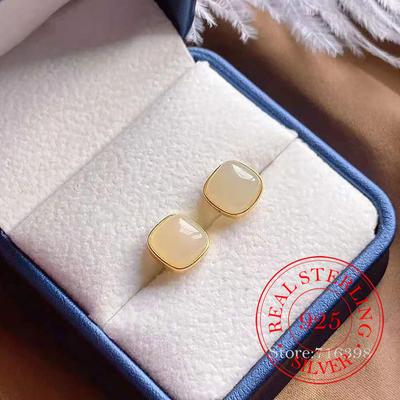 925 Sterling Silver Jewelry 18K Gold Plated Square Jade Stud Earrings for Women Wedding Party Jewelry for Girls Friend Gift
