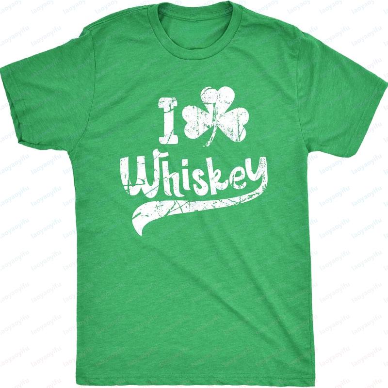 Unisexs Funny St Patricks Day Shirt I Love Whiskey Clover Graphic Tee Irish Drinking Party Outfit Graphic T Shirts Unisex Clothing