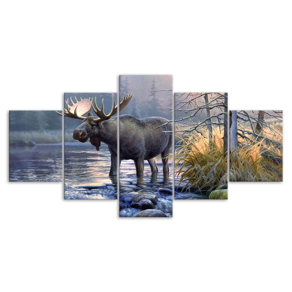 Big Moose Lake Forest 5 Piece Five Panel Wall Canvas Print Modern Art Poster Picture Home Decor Gift For Him For Her