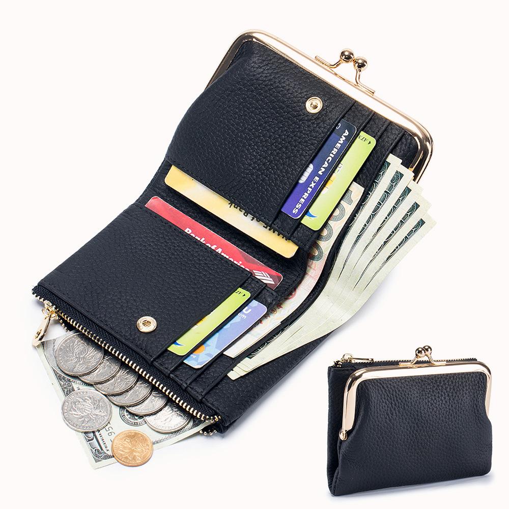 

Womens Kiss Lock Wallet Small Genuine Leather Kiss Clasp Coin Purse Card Holder Bifold Clutch Wallet for Women with Metal Frame чёрный