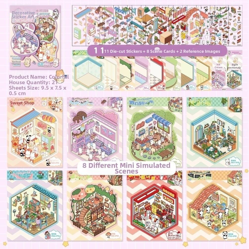 3D Miniature Scene Stickers Cartoon 8 Sences Landscape Sticker Book Stacking Pasting Mini Cabin Scene DIY Sticker Child Gifts