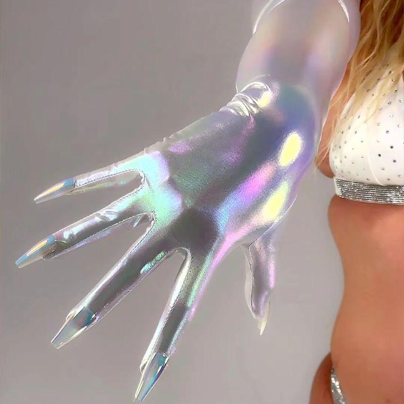 HOLOGRAPHIC Laser NAIL GLOVES Metallic Shiny Blue Touchscreen 70CM Long TECH Thin Elastic Holo Evening Party Glove with Nails