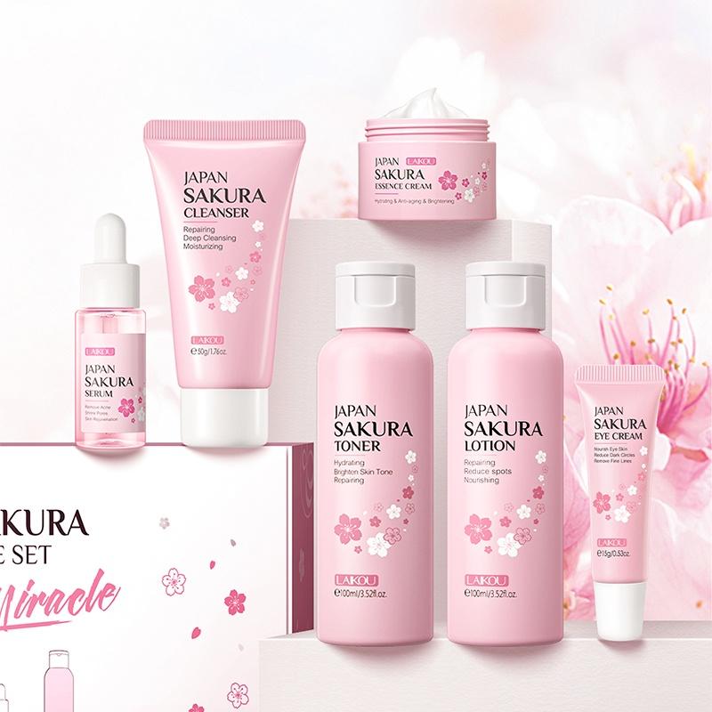LAIKOU Sakura Serum do mycia twarzy 6 sztuk / zestaw Pudełko do pielęgnacji skóry Rozjaśniony odcień skóry Krem nawilżający Anti-aging