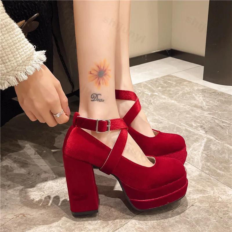 Hot Selling Mary Janes Shoes Women Suede Luxury High Heel Lace Up Trend Lolita Shoes Elegant Chunky Party Pumps Zapatos De Mujer