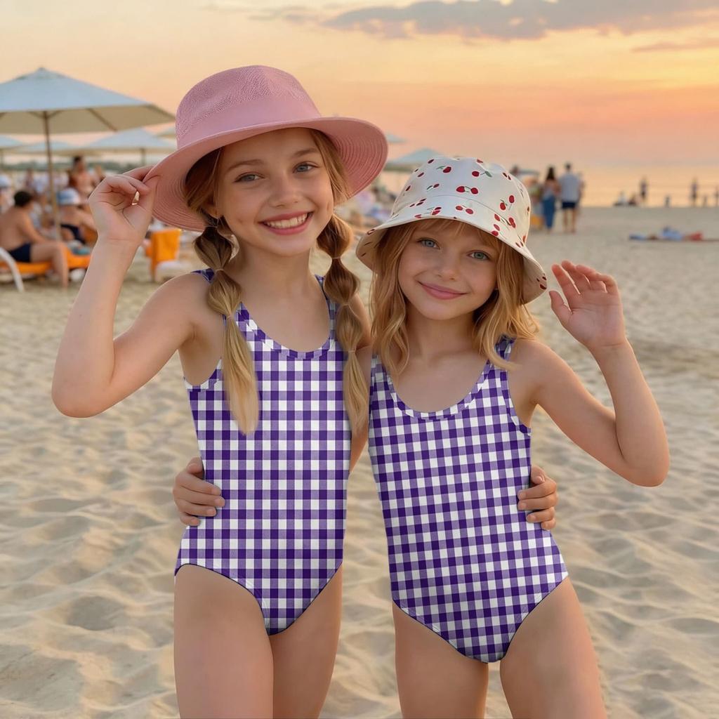 Mädchen Einteiler Badeanzug Kariertes Muster Sommer Strandmode Kinder Badebekleidung Leichte Bequeme Passform