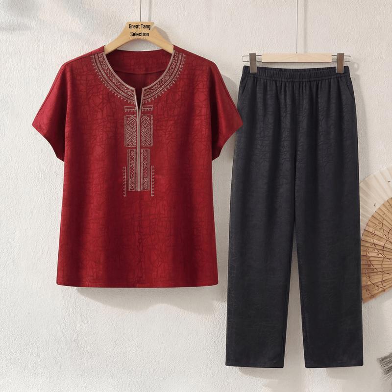 Ethnic Embroidered Loose Summer Set for Middle-Aged Women