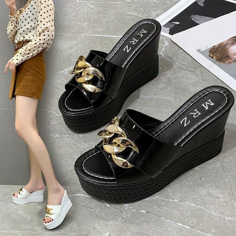 

Туфли на танкетке, женская верхняя одежда, летняя корейская версия босоножек с металлической цепочкой и толстой подошвой на толстом каблуке. 35 чёрный