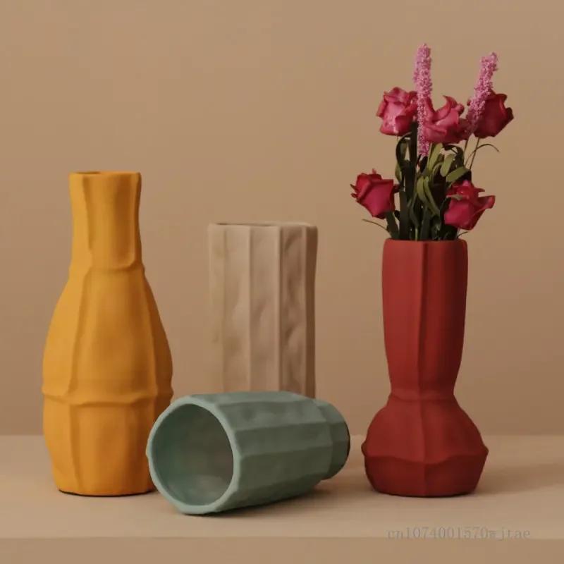 Nordic Textured Glazed Ceramic Geometric Vase, Home Living Room, Bedroom, Office, Study Desk Decoration Vase, 1Pc