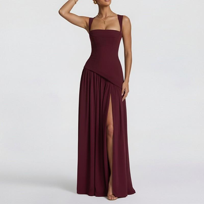 2026 Women's Clothing Fashionable Temperament Pure Color Pleated Split Dress