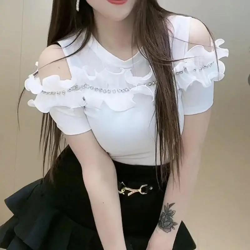 

Женская летняя футболка с открытыми плечами, с оборками, с коротким рукавом, с круглым вырезом, свободная, офисная футболка 3XL