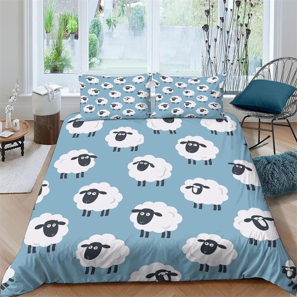 Microfiber Sheep Cartoon Bedding Quilt Cover All Season Bedding Set with Pillow Shams Christmas Festive Art Duvet Cover Set