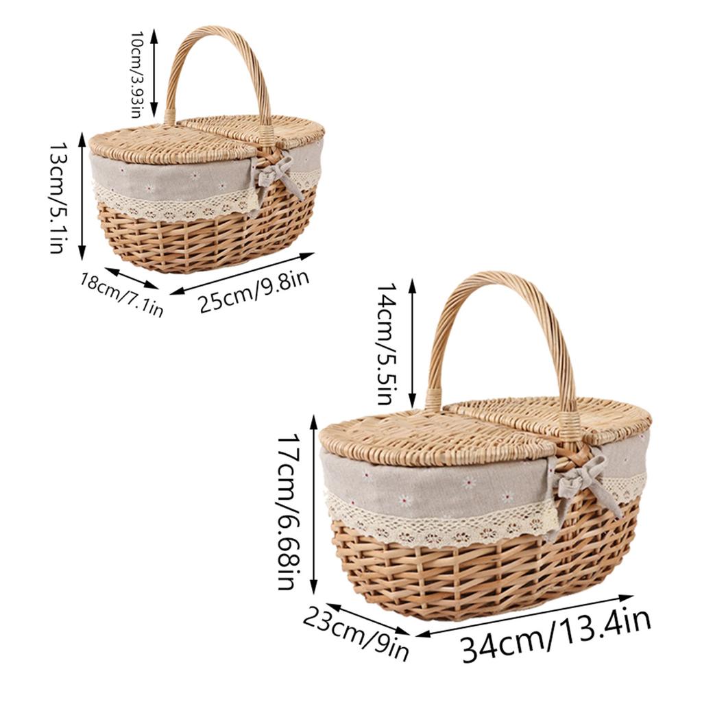 Woven Wicker Picnic Basket With Double Lids And Handle With Washable Lining Basket For Eggs, Candy, Flowers Rattan Cottage Style Storage