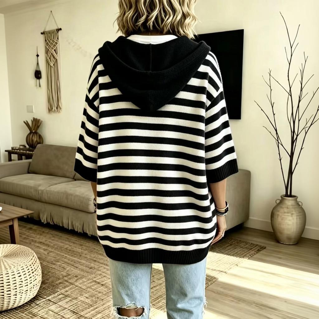Felpa a righe in maglia da donna con maniche a 3/4, top casual a pullover