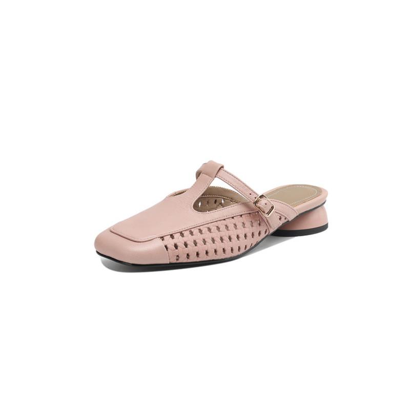 Fashion New Summer Slippers Genuine Leather Slippers for Women Fashion Hollow Out Mules Square Toe Low Heels Cover Toe Slippers Sandals