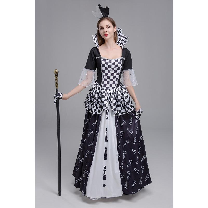 New Halloween Costume, Masquerade, Poison Queen, Black and White Clown Dress Costume